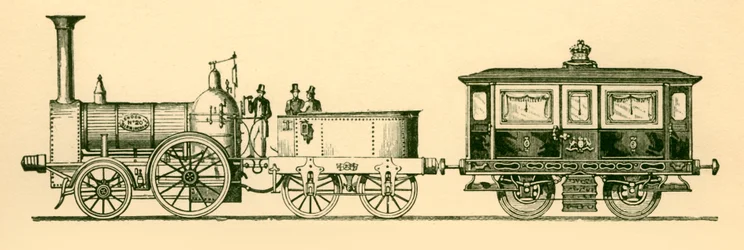 Lokomotiv og Royal Saloon, London og Birmingham Railway, 1843, 1930.