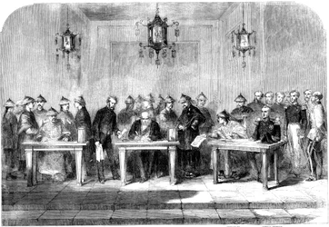 Lord Elgin underskriver Tianjin-traktaten for at afslutte den anden opiumskrig, 1858
