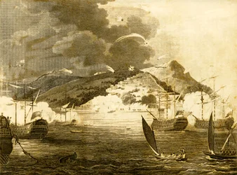 Lord Exmouths flåde bombarderer byen Algier, 1816.