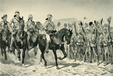 Lord Roberts jublet af tropperne ved hans ankomst til Wonder RIver, 1901.