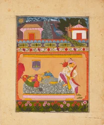 Elskere ved daggry, der illustrerer den musikalske tilstand Raga Vibhasa, c1675