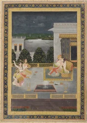 Elskere på terrasse med tre musikere, 1700-tallet.