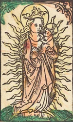 Madonna og barn i en herlighed stående på en halvmåne, 14701480.