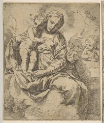 Madonna og Child siddende på skyer og omgivet af engle, kopi i omvendt a..., ca.1639 eller senere.