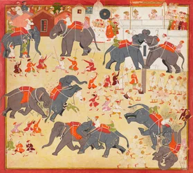 Maharana Raj Singh observerer en elefantkamp, ca. 1670-1675.