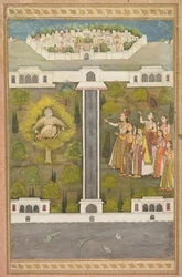 Mahliqa, datter af kejseren af Kina, peger på fuglemanden Khwaja Mubarak..., ca. 1710.