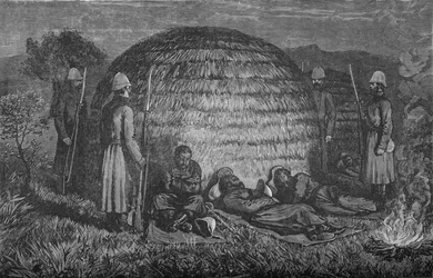 Major Marter og hans mænd bevogter Cetewayo i det oprindelige Kraal, ca. 1880