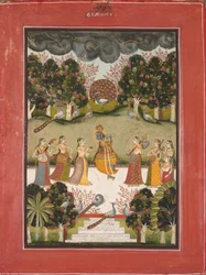 Malar Ragini: Krishna spiller på fløjte til syv gopis med musikinstrumenter..., ca. 1760.