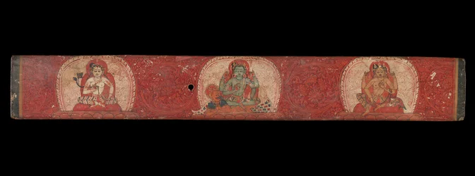 Manuskriptomslag med Vishnu flankeret af Lakshmi og Sarasvati, 1300-tallet.