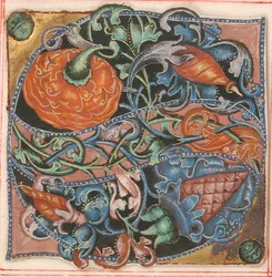 Manuskriptbelysning med initial S, fra en korbog, 1500-tallet.