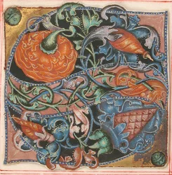 Manuskriptbelysning med initial S, fra en korbog, tysk, 1500-tallet.