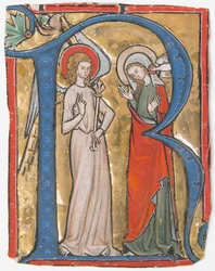 Manuskriptbelysning med bebudelsen i et indledende R, fra en Gradual, ca. 1300.