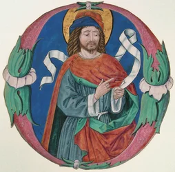 Manuskriptbelysning med en helgenfigur i initial O, italiensk, ca. 1480.