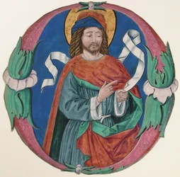 Manuskriptbelysning med en helgenfigur i et initialt O, ca. 1480.