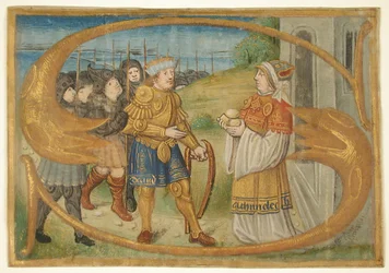 Manuskriptskæring af blade sandsynligvis fra et missal med et oplyst initial S og konge ... sidst i det 15.