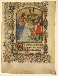 Manuskriptblad fra en timebog... Belyst initial D og Kristus der bærer korset, 1390-140