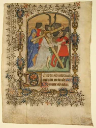 Manuskriptblad fra en timebog, der viser en oplyst initial D og Kristus..., 1390-1400.
