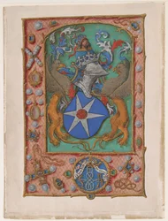 Manuskriptblad med våbenskjold, fra en timebog, ca. 1500.