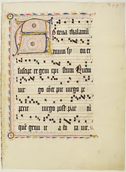 Manuskriptblad med Initial A, fra et antifonarium, tysk, andet kvartal 1400-tallet.