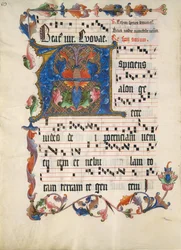 Manuskriptblad med Initial A, fra et antifonarium, ca. 1425-50.