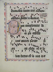 Manuskriptblad med initial D, fra et antifonarium, tysk, andet kvartal 1400-tallet.