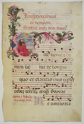 Manuskriptblad med initial E, fra et antifonarium, italiensk, 1500-tallet.