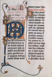 Manuskriptblad med initial M, fra et Missal, ca. 1290.