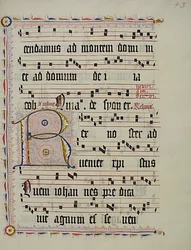 Manuskriptblad med initial R, fra et antifonarium, tysk, andet kvartal 1400-tallet.