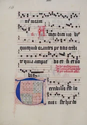 Manuskriptblad med initial T, fra et gradvist, tysk, andet kvartal 1400-tallet.