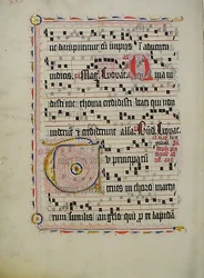 Manuskriptblad med initial T, fra et antifonarium, tysk, andet kvartal 1400-tallet.