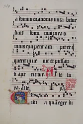 Manuskriptblad med initial V, fra et gradvist, tysk, andet kvartal 1400-tallet.