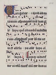 Manuskriptblad med initial V, fra et gradvist, tysk, andet kvartal 1400-tallet.