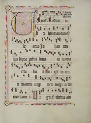 Manuskriptblad med initial V, fra et antifonarium, tysk, andet kvartal 1400-tallet.