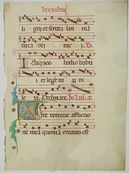 Manuskriptblad med initial V, fra et antifonarium, italiensk, 1400-tallet.