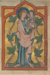 Manuskriptblad med den hellige Christopher, der bærer Kristus, begyndelsen af det 14. århundrede.