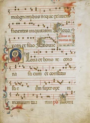 Manuskriptblad med en kvindelig helgen muligvis Dorothy i et indledende G, fra en Gradual, ca. 1330-40.