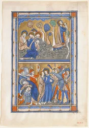 Manuskriptblad med smerten i haven og Kristi forræderi, fra en kongelig psalter, ca. 1270.