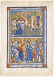 Manuskriptblad med smerten i haven og Kristi forræderi, fra en kongelig psalter, ca. 1270.