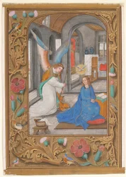 Manuskriptblad med bebudelsen, fra en timebog, ca. 1500-1525.