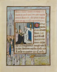 Manuskriptblad med den hellige nadver, fra en timebog, ca. 1500.