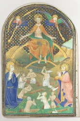 Manuskriptblad med den sidste dom, fra en timebog, fransk, ca. 1400.