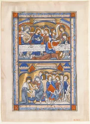 Manuskriptblad med den sidste nadver og vask af apostlenes fødder Blad..., ca. 1250-70.