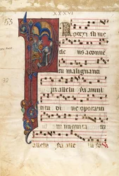Manuskriptblad med Sankt Peters Martyrs martyrium i et indledende P..., ca. 1270-80.