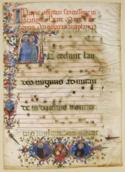 Manuskriptblad med visitationen i en initial A og kardinal Adam Easton..., italiensk, ca. 1400.