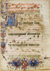 Manuskriptblad med visitationen i en initial A og kardinal Adam Easton..., ca. 1400.