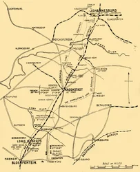 Kort, der viser fremskridtslinjerne fra Bloemfontein til Pretoria, 1901.