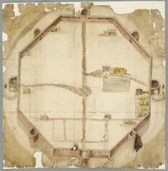 Kort fra 1530, der viser de planlagte, men aldrig udførte mure i Haag, Holland