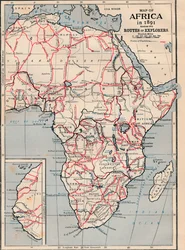 Kort over Afrika i 1891, der viser opdagelsesrejsendes ruter