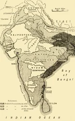 Kort over Indien, der viser de britiske besiddelser i 1780, 1800 og på nutidens tidspunkt, 1890