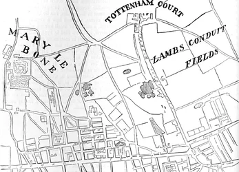 Kort over Rathbone Place og dets nabolag, Westminster, London, 1746 1878